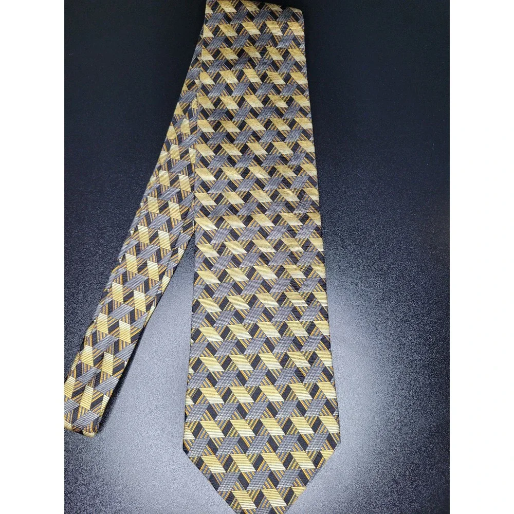Ermenegildo Zegna Men's Necktie Gold Grey Geometric Silk 3.75x58 Excellent